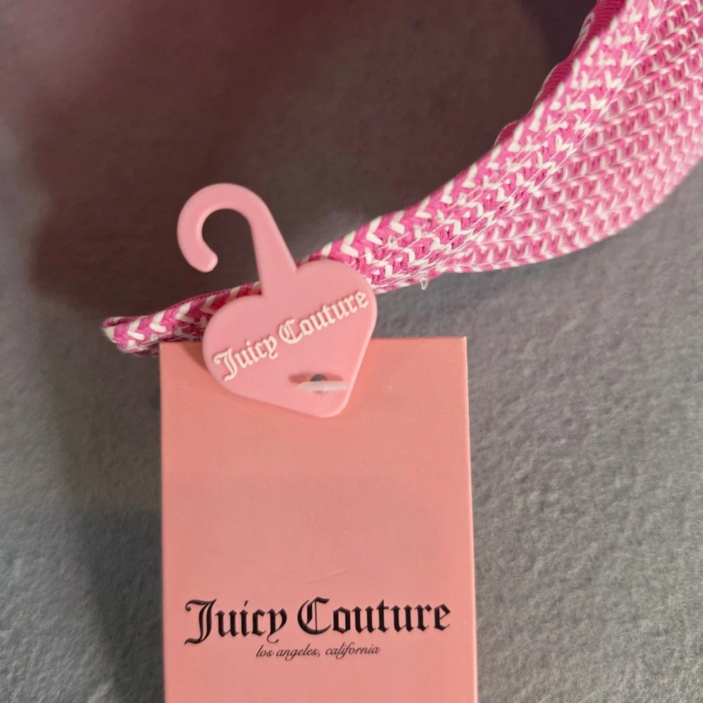 Juicy Couture Pink Woven Straw Visor Sun Hat Rhinestone Heart Charm NWT One Size